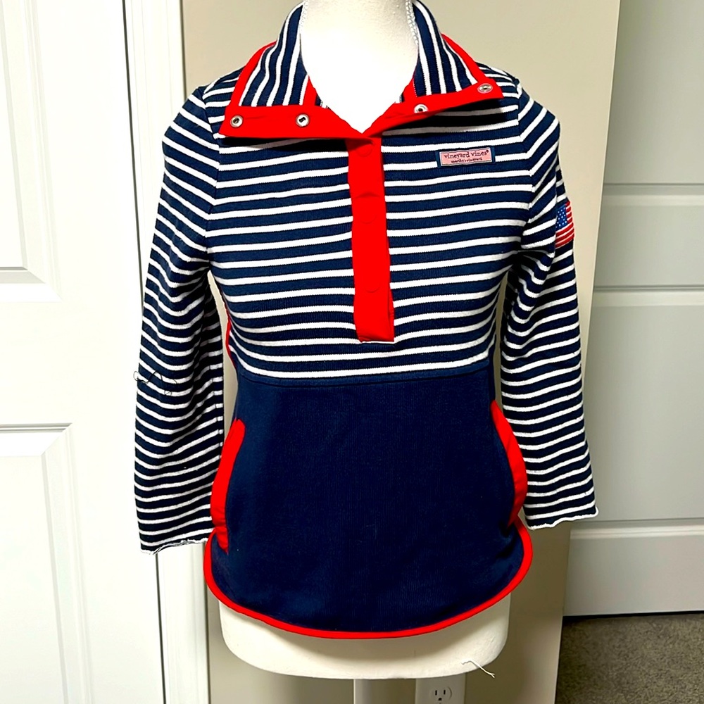 Vineyard Vines Navy & White Striped Pullover with Red Trim